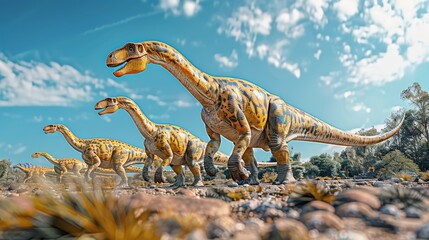 Diplodocus herd walking in bright landscape with clear sky. Long-necked dinosaurs with vibrant colors and detailed skin patterns. Prehistoric scene full of movement and life.