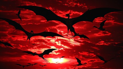 Dramatic scene with flock of pterodactyls soaring through vivid red sky during sunset. Silhouettes of prehistoric creatures sharply contrasted against vibrant clouds,