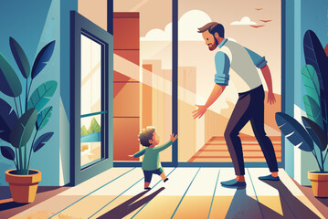The baby goes to see his father at the window learning to walk to take the first steps.  Concept of Happy Family Life Indoors