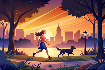 teenage girl running with a dog in the park. The freedom of the happy family is a concept of a child's dream. 