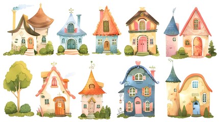 Fototapeta premium Charming Collection of Whimsical Storybook Cottages and Fairy tale Inspired Homes in a Lush Landscape