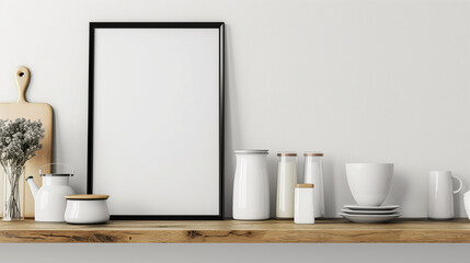 Minimalist kitchen shelf display with a blank vertical frame for mockup, surrounded by white kitchenware, dried flowers, and wooden accents.