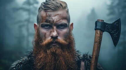 Bearded lumberjack with axe in misty forest setting, portraying rugged masculinity