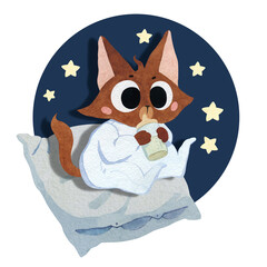 Watercolor illustration with a kitten in pajamas on a pillow