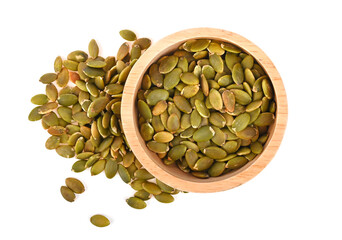 Pumpkin Seed in wood bowl isolated on white background top view