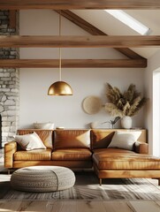 Transitional Living Space with Cognac Leather Sectional and Brass Pendant Light