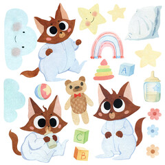 A set of watercolor illustrations with a cute newborn kitten