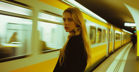 moody and atmospheric portrait of a blonde woman waiting at a yellow lit subway station