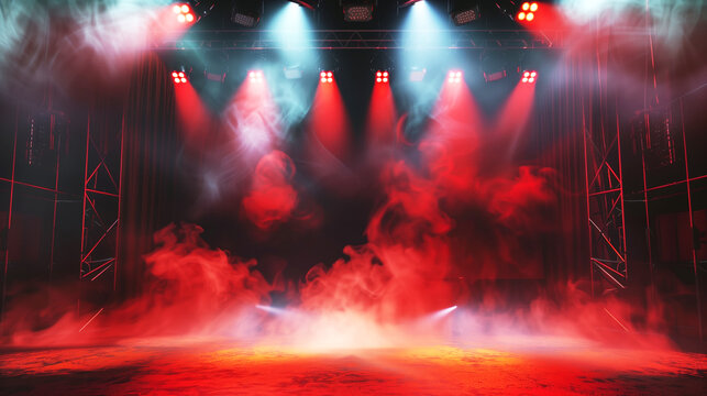 A dynamic stage setup with dramatic red and white spotlights and swirling fog, creating a captivating atmosphere suitable for performances and events.