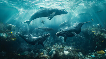 Obraz premium Whale swimming among garbage