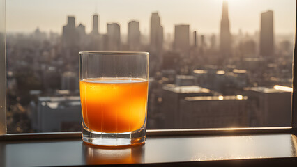 a glass of beer next to a city skyline.