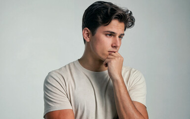 Fototapeta premium a male deep in thought, with a pensive expression and their hand resting on their chin