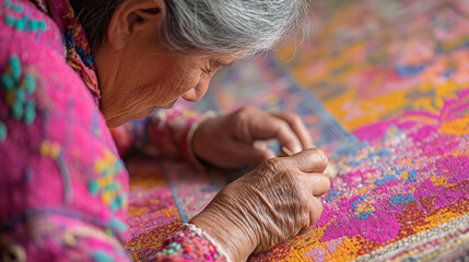 Elderly Indigenous Woman Handweaving a Colorful Traditional Textile