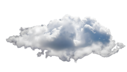 A single, fluffy, white cumulus cloud isolated on a pure white background. Can be used as a cutout, or to represent concepts like weather, freedom, or cloud computing.
