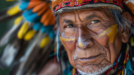 Thoughtful Indigenous Elder with Traditional Face Paint and Headdress