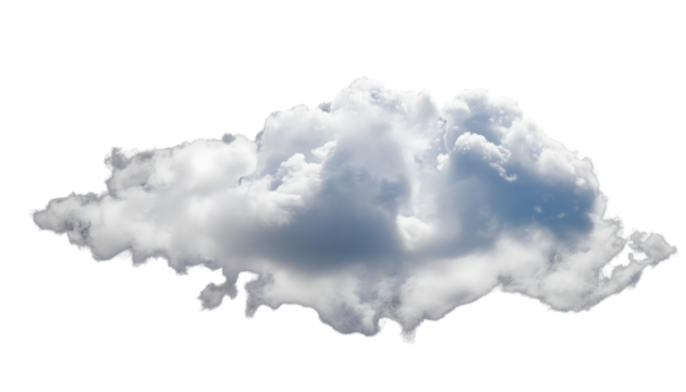 A single, fluffy, white cumulus cloud isolated on a pure white background. Can be used as a cutout, or to represent concepts like weather, freedom, or cloud computing.