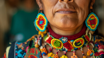 Close-Up of Indigenous Woman's Smile Adorned with Handcrafted Beaded Jewelry