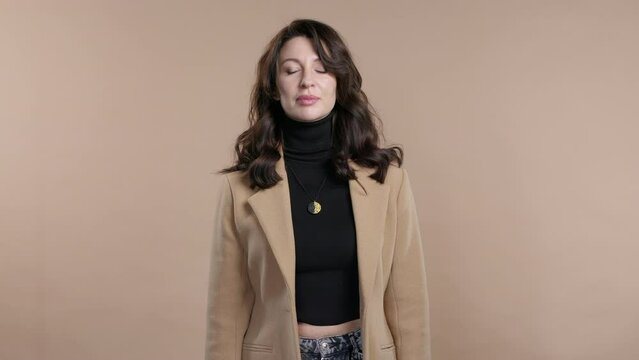 Business woman asks join, beckons with inviting finger gesture. Hey you, come on