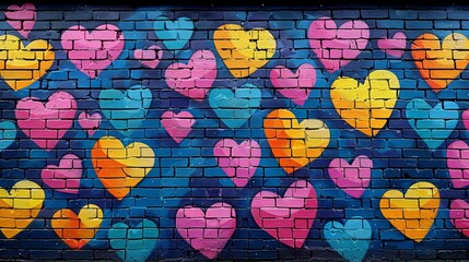 Colorful graffiti hearts embellish urban brick wall in vibrant and artistic display