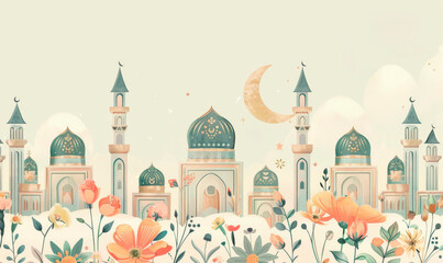 Fototapeta premium Cute flat vector illustration of mosque and flowers