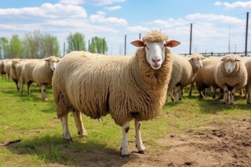 Fototapeta premium Cute curly haired sheep herd stands in large farm yard on sunny day. Small cattle animals graze near old barn at agricultural ranch. Stock husbandry habitats group walk outdoors in spring