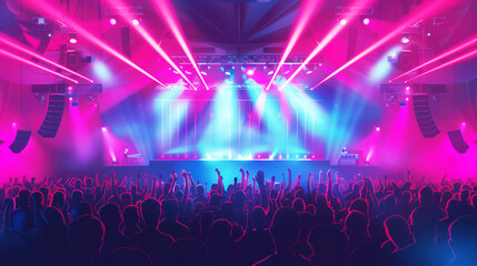 A vibrant concert scene with a large crowd enjoying live music. The stage is illuminated by colorful lights creating a dynamic atmosphere.