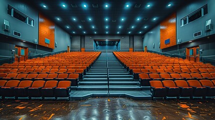 A school auditorium with rows of seats and a stage, ready for assemblies, performances, and other school events.illustration