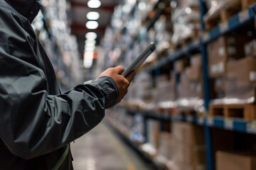 A man in a warehouse setting looking at a tablet device, possibly inspecting inventory or managing logistics