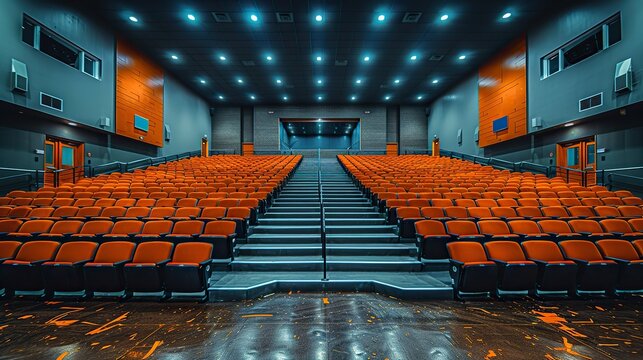 A school auditorium with rows of seats and a stage, ready for assemblies, performances, and other school events.illustration