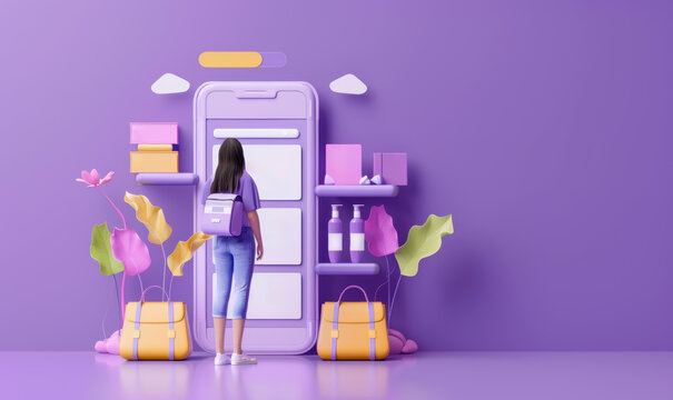 3D rendering of a woman standing next to an online store on her phone