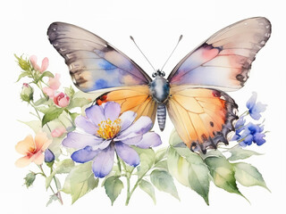 watercolor painting of butterfly, flowers, on white background