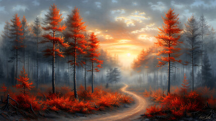 Autumn forest path. Orange tree in autumn city park, red brown maple leaves. Natural landscape.