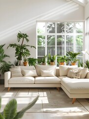 Spacious LightFilled Living Area Featuring a Neutral Sectional Sofa and an Abundance of Potted