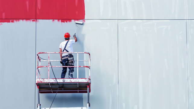 A construction worker in a hard hat and work attire is painting a large exterior wall from a scaffolding platform. The worker is using a paint roller to cover a red area with gray paint.