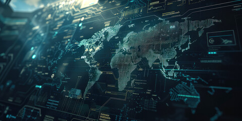 Glowing digital world map overlays a circuit board