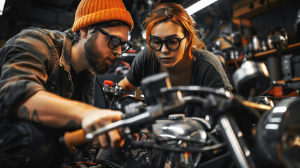 Two individuals wearing glasses are focused on repairing a motorcycle in a garage. The workspace is filled with various tools and mechanical parts.