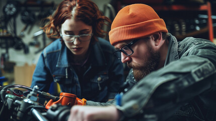Two individuals in a workshop focus intently on repairing a piece of machinery. The environment suggests collaboration and hands-on technical work.
