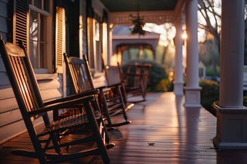 Two rocking chairs sit on a wooden porch, bathed in the warm glow of the setting sun