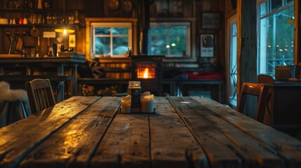 A vintage wooden table in a dimly lit antique shop, 