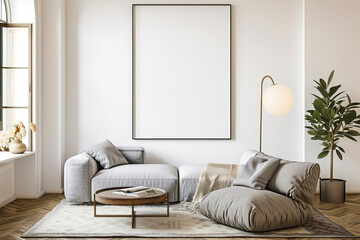 Poster mockup on the living room wall. Modern interior design in Scandinavian style..