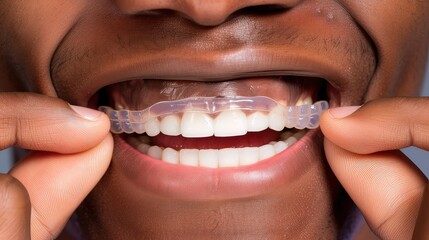 Young African American man inserting a dental aligner. Close-up view. The precision of aligning, creating a stunning smile.