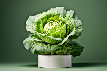 Cabbage vibrant green leaves arranged in a symmetrical pattern on white pedestal surrounding. Generative AI