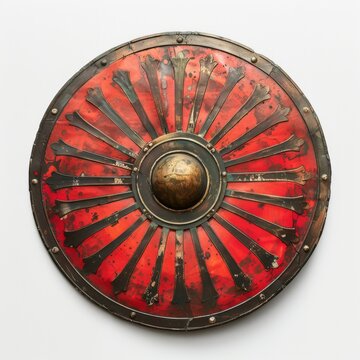 Roman shield scutum in classic red and black colors against a white backdrop