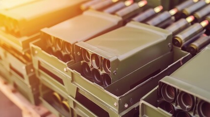 Ammunition warehouse. Cartridges for small arms and heavy machine guns. Army supplies. Rows of brass casings gleaming under warehouse lights.
