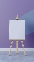 An easel with a white canvas on a stretcher stands in a clean purple blue room