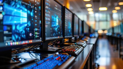 A computer lab with rows of computers and monitors, representing the integration of technology into modern education and the digital learning opportunities available to students.stock photo