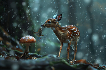 Fototapeta premium Various wildlife animals thriving amidst gentle rain, capturing the beauty and resilience of nature.