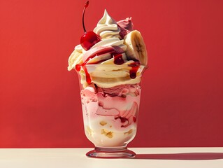 Irresistible Ice Cream Sundae Delight: Pink and White Treats with Banana Split Sauce