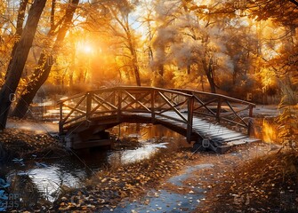 Autumn forest with a wooden bridge over a river in a colorful autumn park at sunset