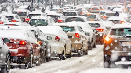 Obraz premium Traffic during snowstorm in winter urban road. Difficult road conditions during a snow storm. Brake lights glow amidst the wintry cityscape.
